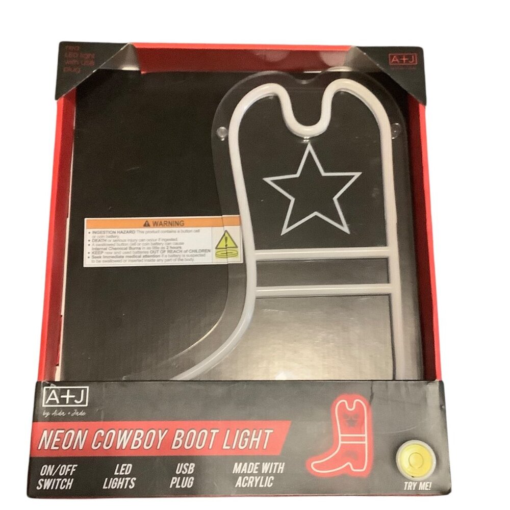 Neon Cowboy Boot Light A+J By Idea & Ink LED Red Light‎ USB Plug Acrylic On/Off